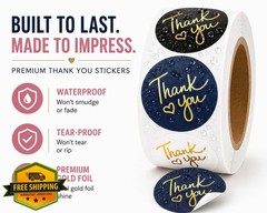Thank You Stickers 500 Roll, Black Gold 1.5″ Round Labels, Small Business