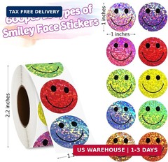 Blowata 600Pcs Glitter Dot Smile Face Stickers, 1 in 10 Colors of Shiny Cute Lab