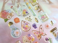 Puffy Gold Pressed Flower Sticker Sheet Scrapbook Junk Journal Girly