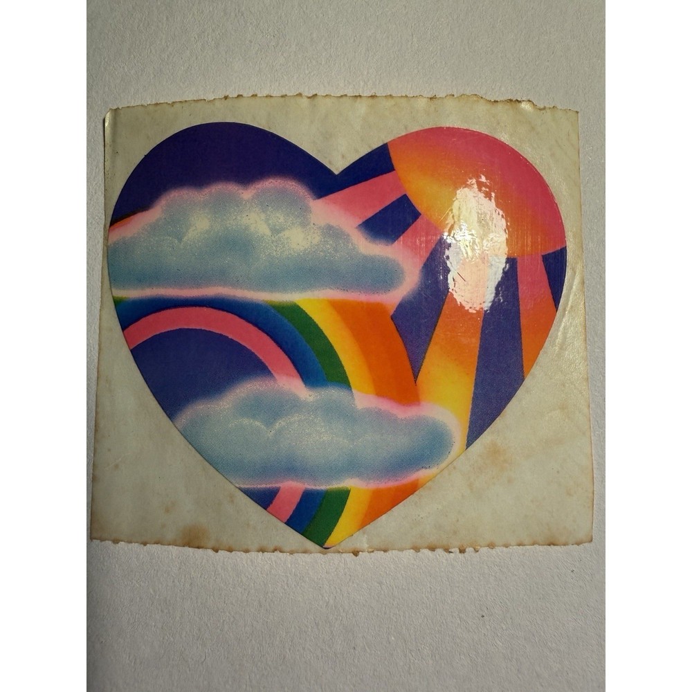 3 Inch Lisa Frank Vintage 1982 Heart Shaped Sticker Rainbow Sunshine & Clouds