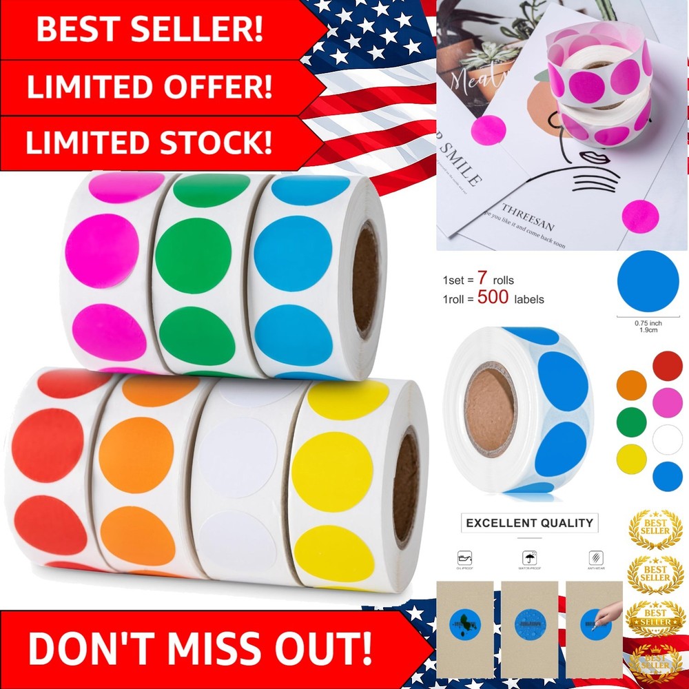 7-Color Set of 3500 Round Dot Stickers – 0.75 inches for Labeling & Crafts