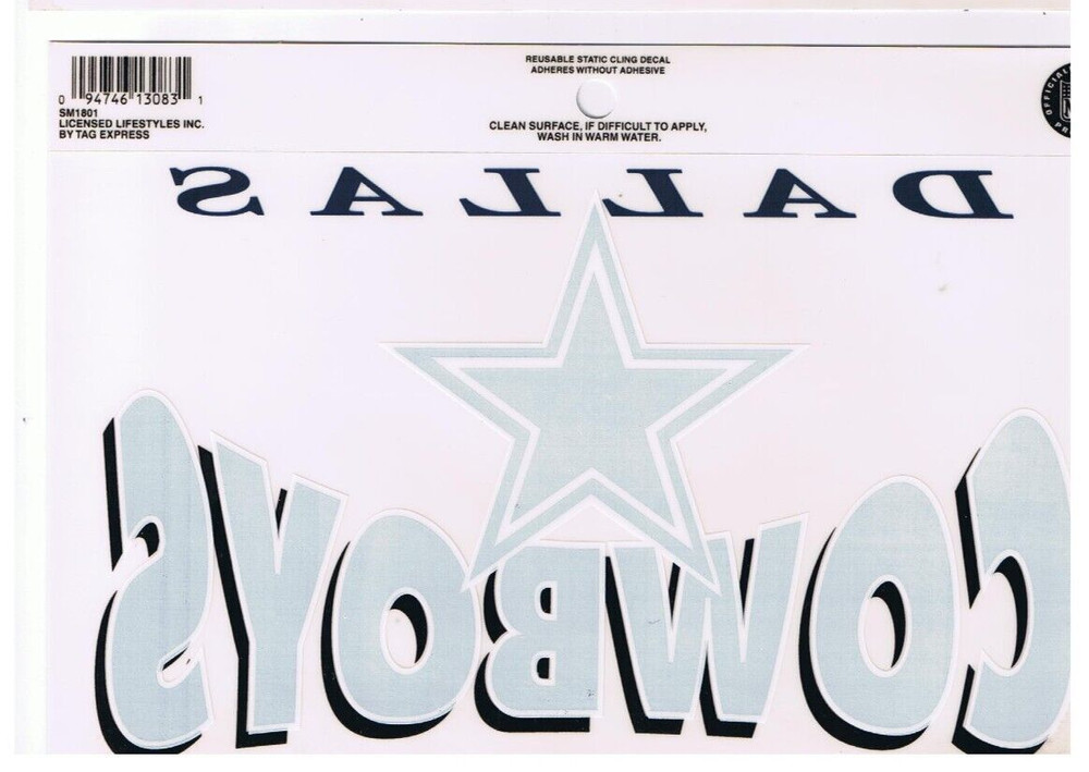 Dallas Cowboys NFL Reverse Cling Sticker NFL VTG 90’s USA Made Re-useable