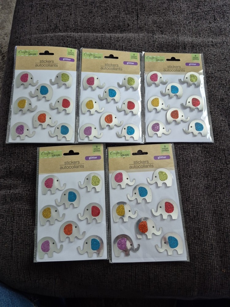 Crafters Square/Glitter-Metallic Multicolor/Elephants Stickers/Lot Of 5 Packs