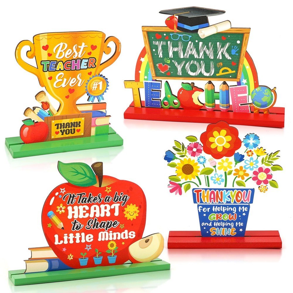 4PCS Teacher Appreciation Wooden Sign Table Decoration School Classroom Desk