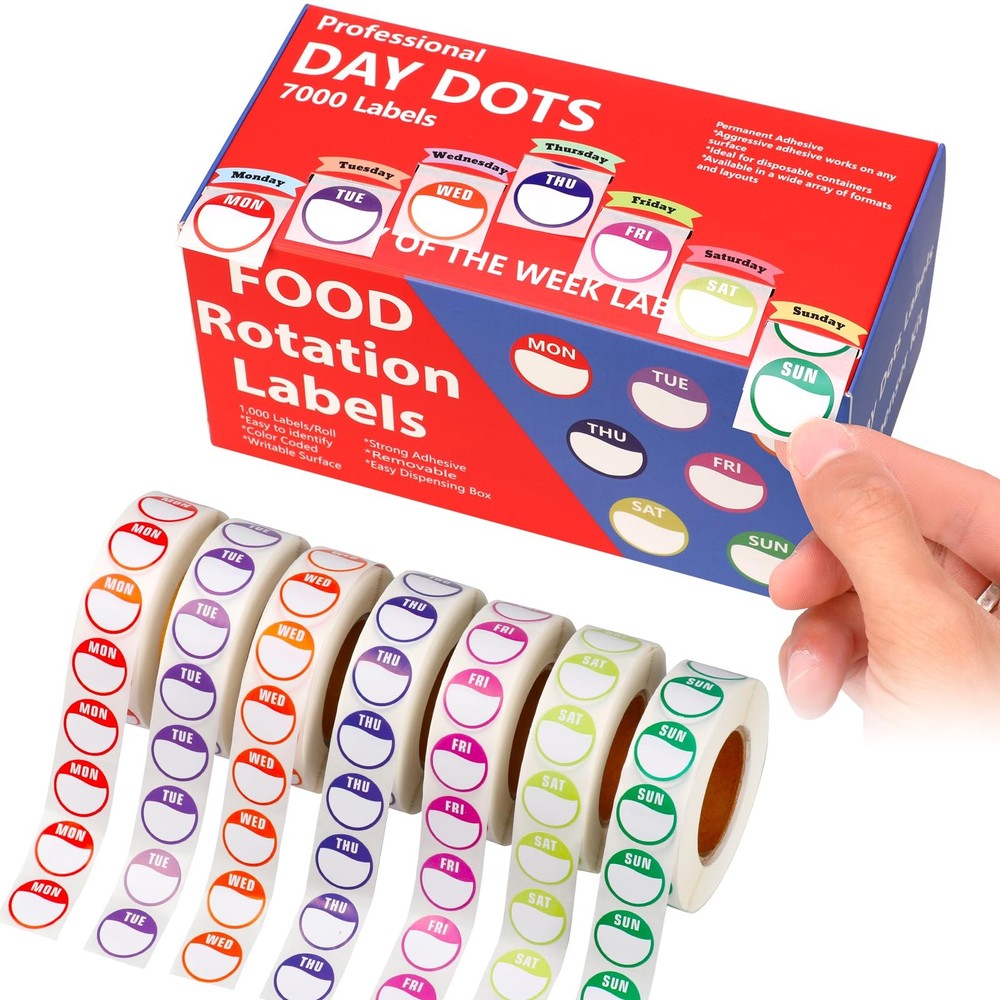 7000pcs Days of The Week Stickers Colored Dot Food Labels Removable Date Labe…