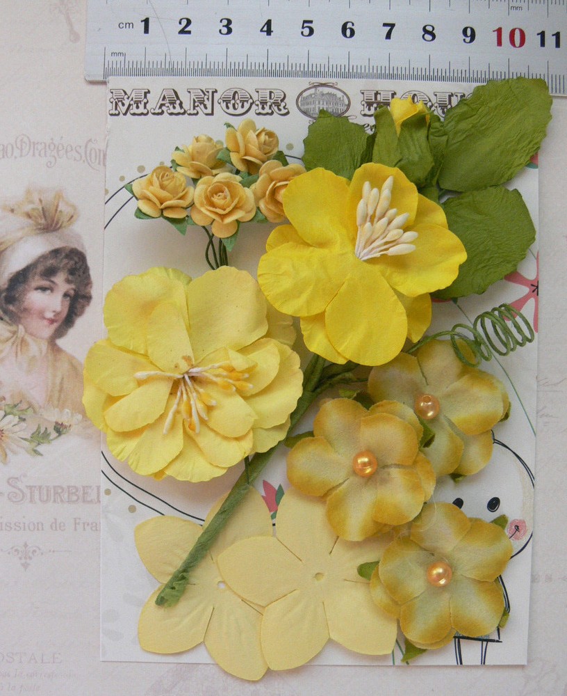 SUNSHINE Yellow & Green Mix 5 Styles = 13 PAPER & SILK Flowers 15-50mm acrossVC1