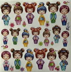 TINY ASIAN GIRLS Stickers(19pc) Kimono•Chinese•Children•Geisha•Cute•Card Making