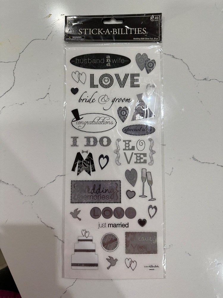 the Paper Studio Stick-A-Bilities Wedding B&W Silver Foil, 30 PC Scrapbooking