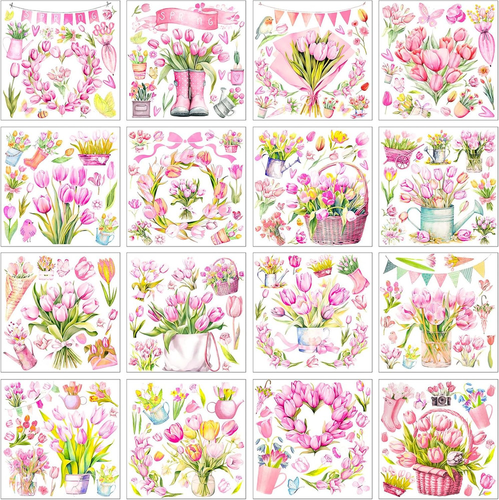 16 Sheets Pink Tulip Spring Rub on Transfers for Crafts 6X6 Inch Flower Rub on T