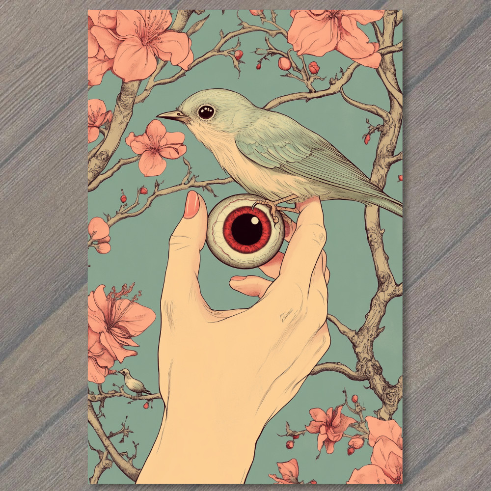 STICKER Creepy Giant Eye Human Hand Blue Bird Odd Strange Dark Goth Halloween