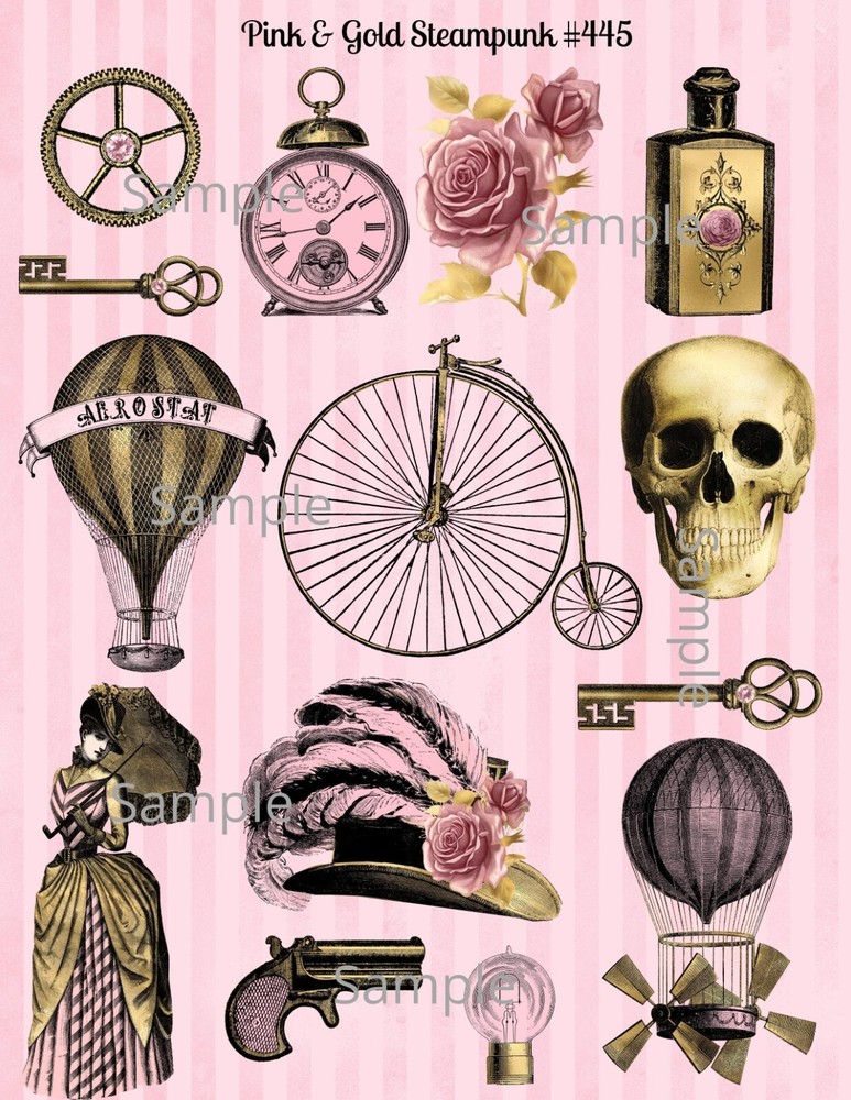 Junk Journal Supplies Pink & Gold Steampunk Collage Sheet Scrapbook Card Toppers