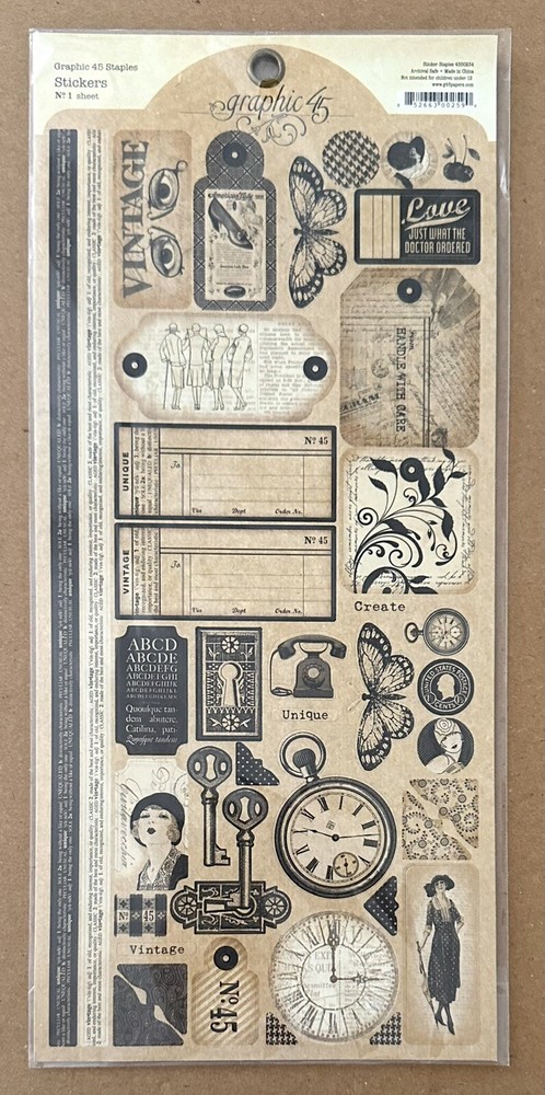 NEW Graphic 45 Staples Black and Tan Vintage Inspired Stickers (No. 1 Sheet)