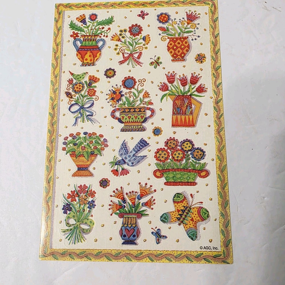 Vtg American Greetings Sticker World Birds Folk Art Floral Bouquets Arrangements