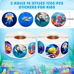 1200Pcs Ocean-Themed Round Stickers Roll, 16 Unique Designs for Crafting & Decor