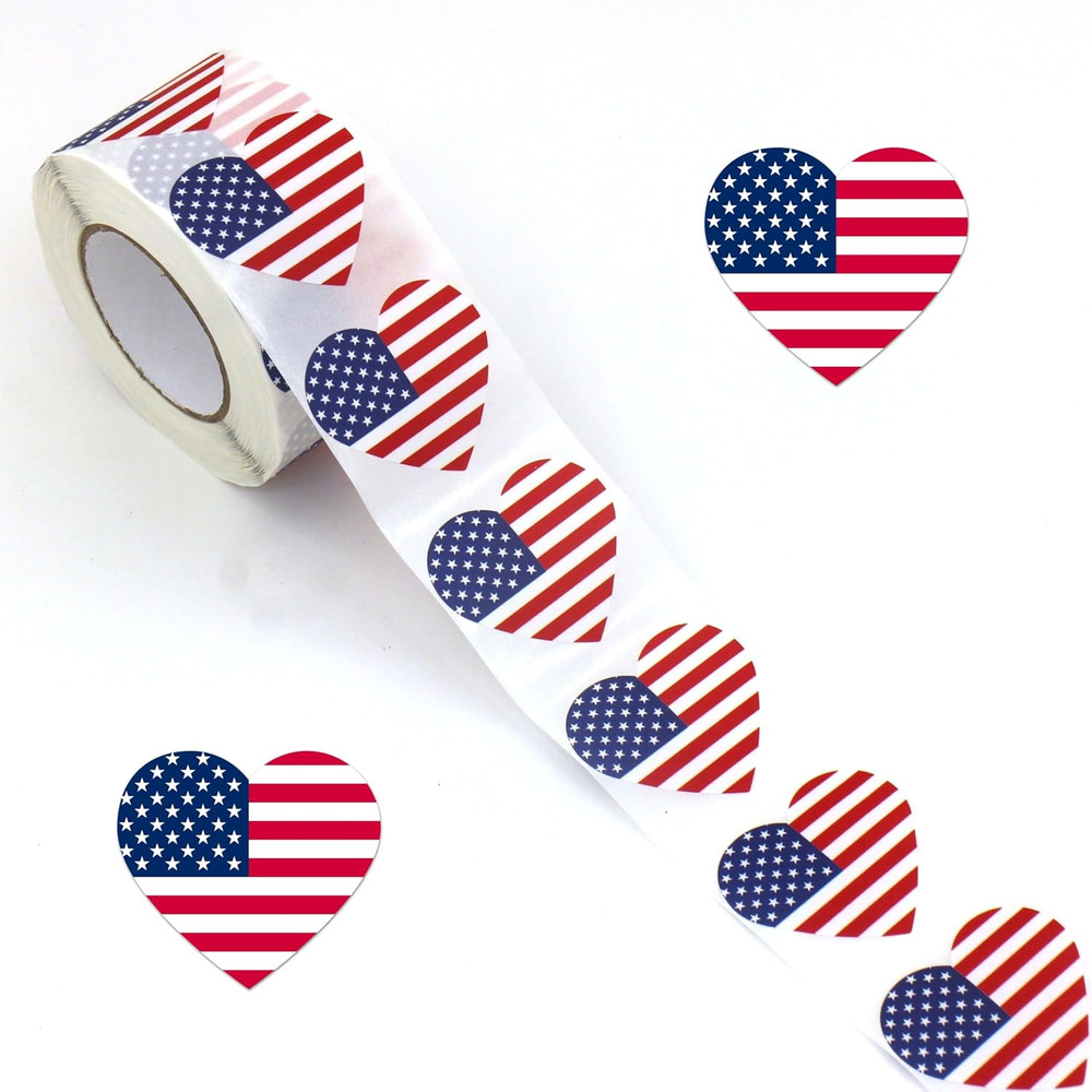 Heart-Shaped American Flag Stickers, 1.5 Inch, 500 Count