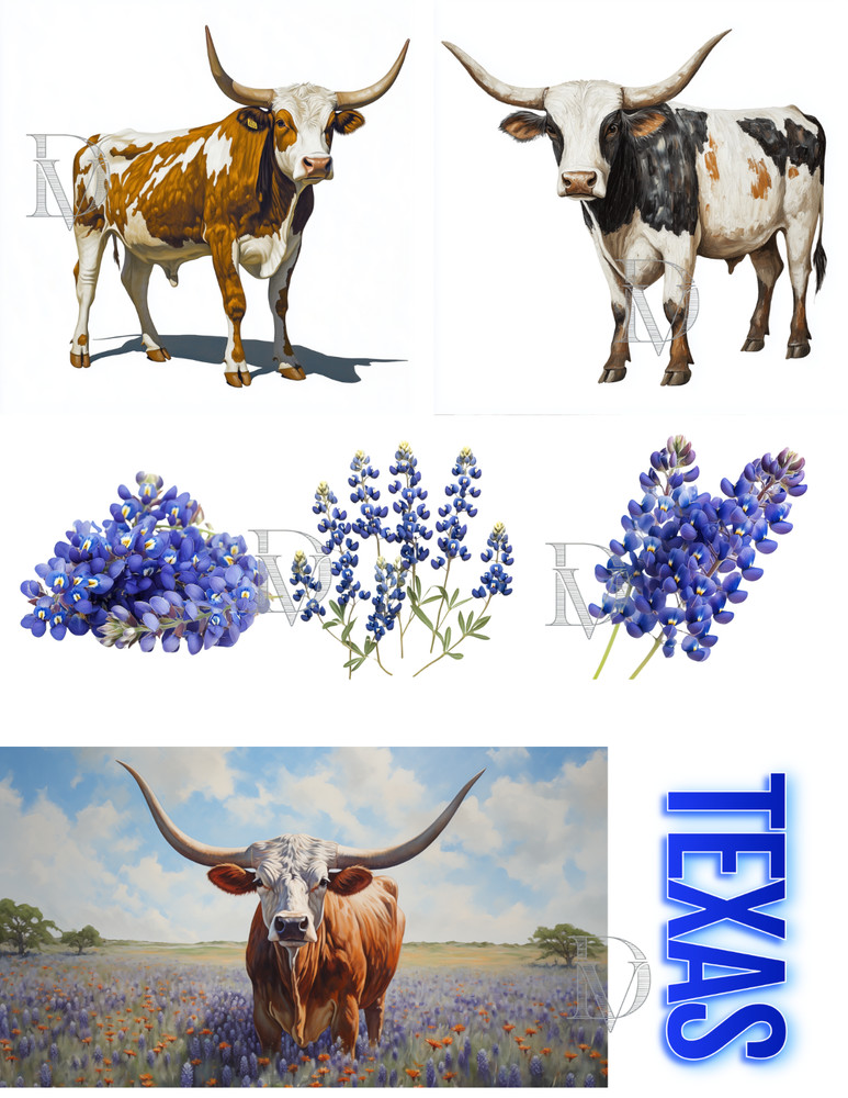 Texas Longhorns & Bluebonnets Collage Supplies Scrapbook Junk Journal Cards