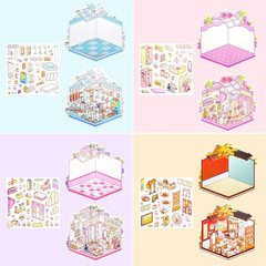 4 Sets Cute 3D Miniature Scene Stickers for Keychain Bags 3D Sticker Scene with
