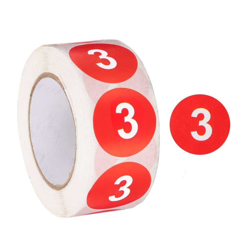 Number 3 Stickers 1″ Round Coded Self-Adhesive Labels Red 500Pcs/Roll