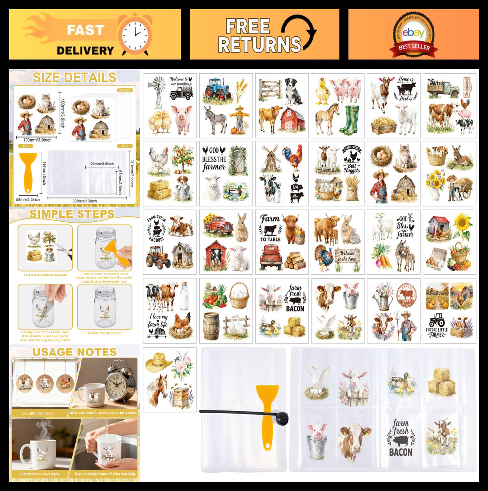 25 Sheets Farm Animals Rub on Transfer Stickers – 100 Patterns for Crafts, Decor