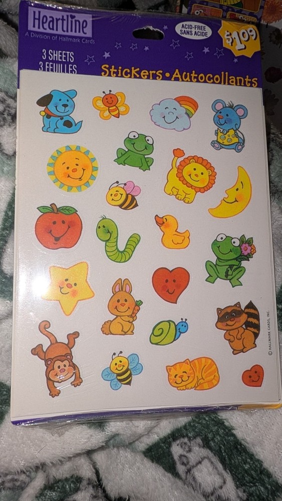 Vintage Hallmark Stickers Cute Happy Animals Objects 3 Sheets New In Pack