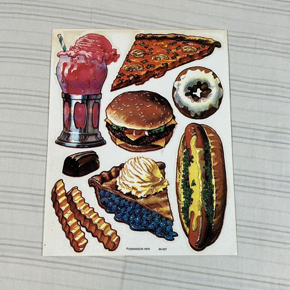 HTF Vintage Sticker Sheet Dennison Junk Food 1979 Pizza Burger Realistic Fries