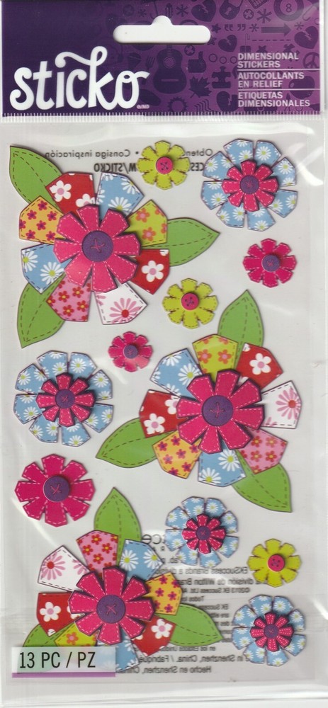 Sticko 3-D stickers PATTERNED FLOWERS Fabric Theme 97969 Fast FREE Ship! WOW!