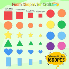 1600 Foam Shape Stickers in 8 Colors for Kids Crafts, 16 Sheets