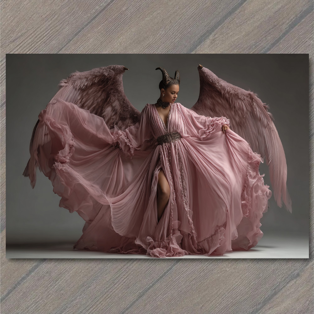 STICKER Horned Angel Woman Flowing Pink Gown Majestic Wings Dark Fantasy