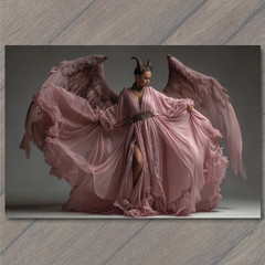 STICKER Horned Angel Woman Flowing Pink Gown Majestic Wings Dark Fantasy