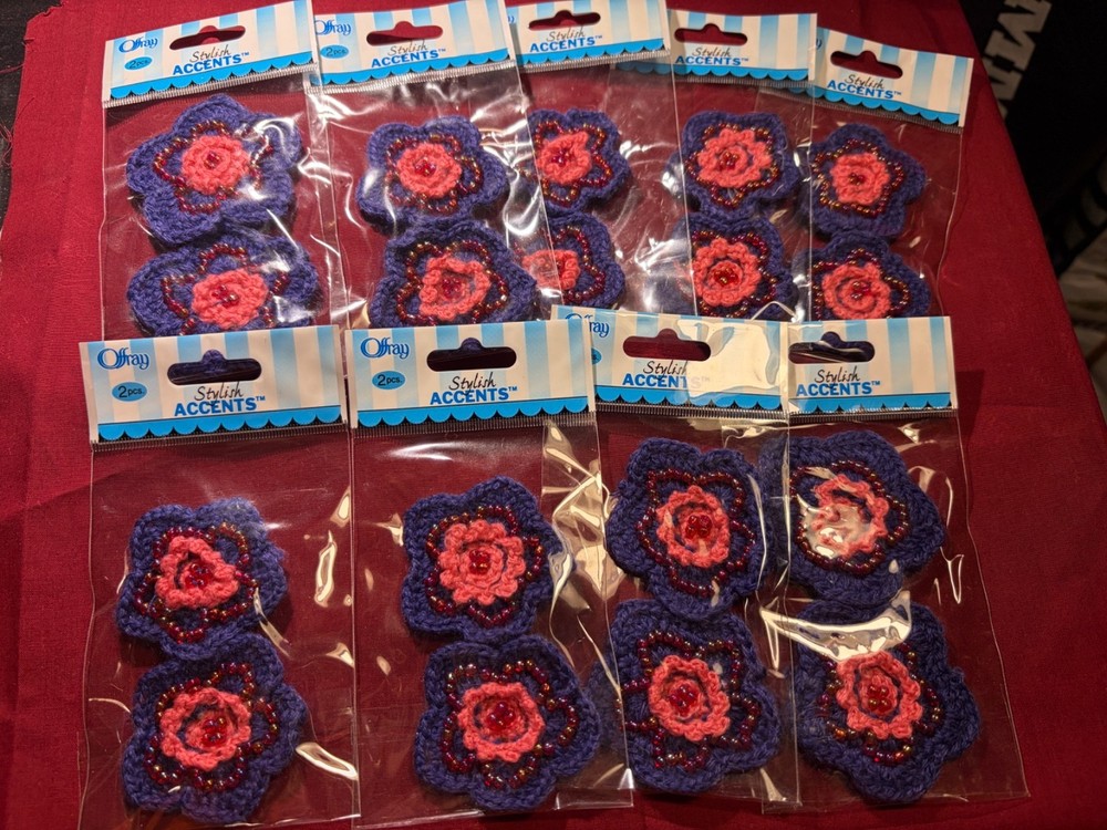 18 pcs (9 pks) Offray Stylish Accents Beaded Crochet Purp/Pink Flowers 51169 NEW