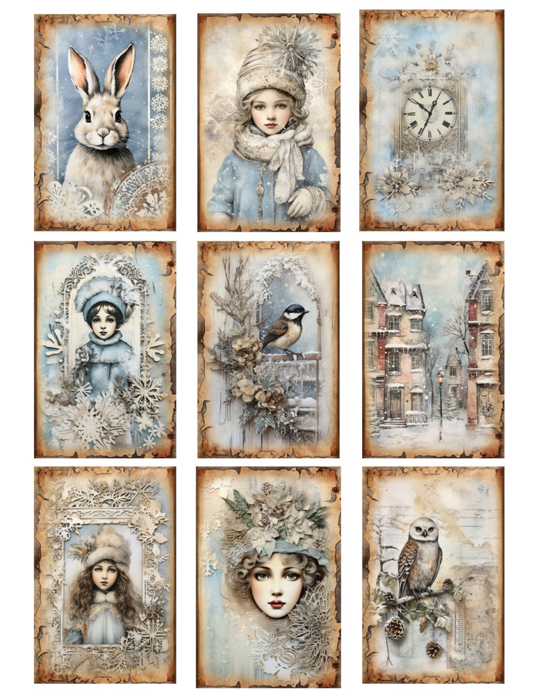Set of 9 Shabby Chic Blue Winter Christmas Crafting STICKERS – Just Cut & Use!