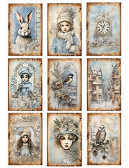 Set of 9 Shabby Chic Blue Winter Christmas Crafting STICKERS – Just Cut & Use!