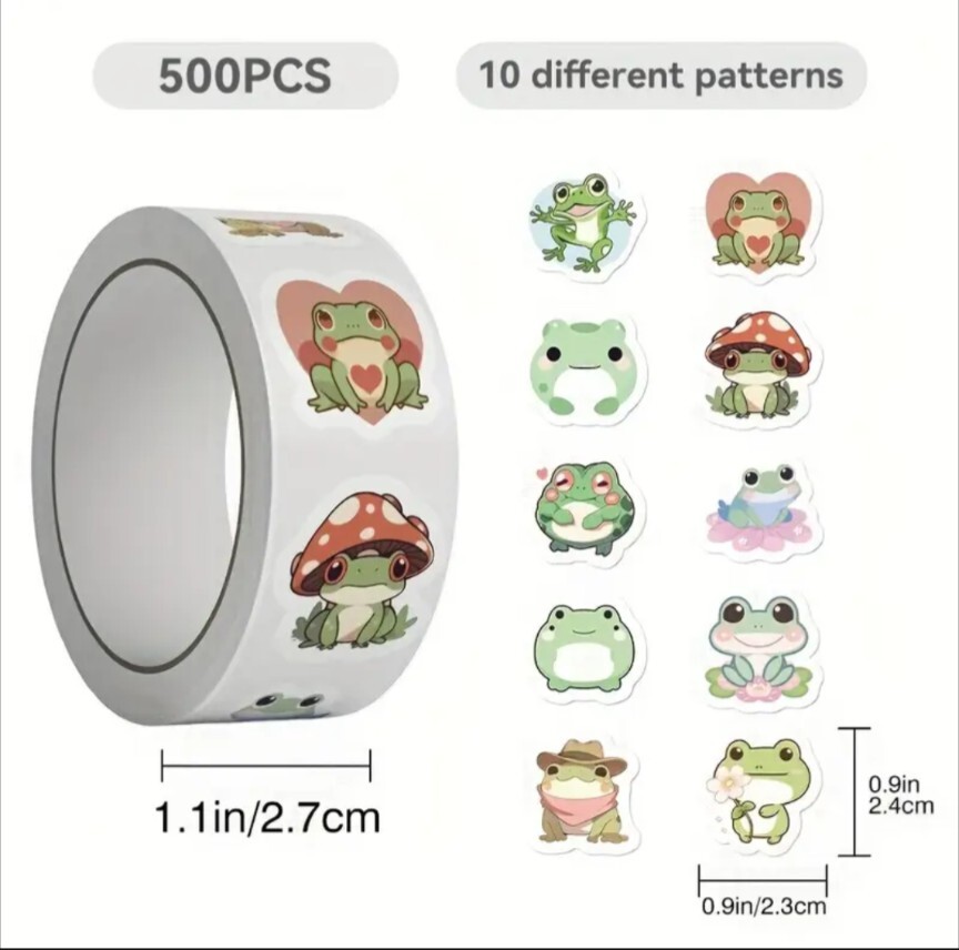 500 pcs Sticker Seals Roll Animal Cute Sweet Frogs Semi Gloss Self Adhesive NEW