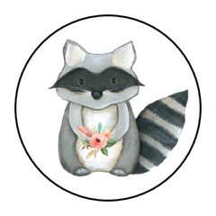 30 1.5″ WOODLAND ANIMAL GIRL RACCOON BABY SHOWER FAVOR LABELS ROUND STICKERS