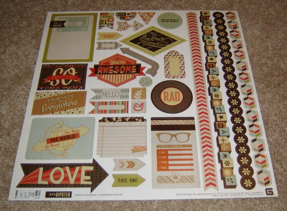 Basic Grey 12×12 Sticker Sheet ~ Nifty Fifties Hipster Collection