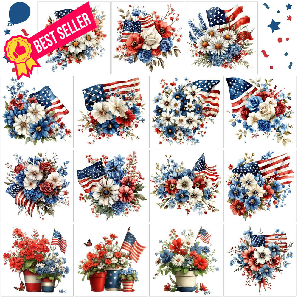 Harloon 15 Sheets 4th of July Patriotic Flower 5.9 x inches, Multicolor