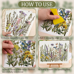 3 Sheets Rub on Transfer Stickers, Wild Flowers and Plants Pattern