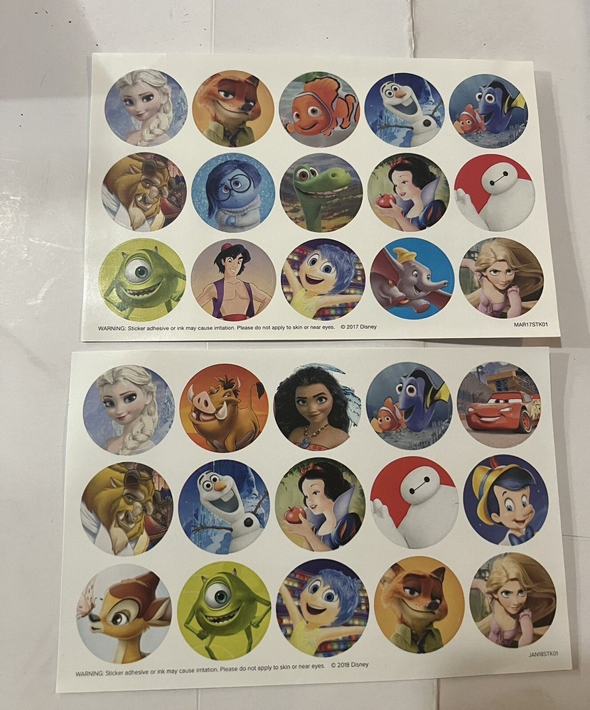 Lot Of 2 Sheets DISNEY CHARACTERS Stickers Cars,Frozen,Finding Nemo,Snow White